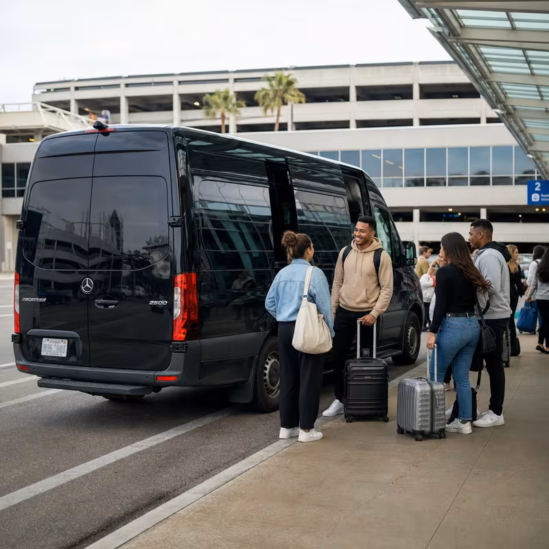 Group boarding a white charter bus for Airport Transportation transportation in Tampa